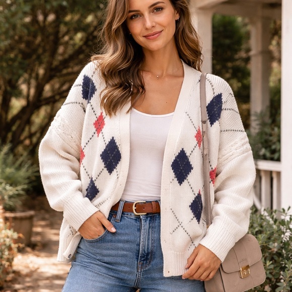 Vintage Structure Argyle Cardigan Xl Ramie Cotton Grandpa Grannycore Oversized